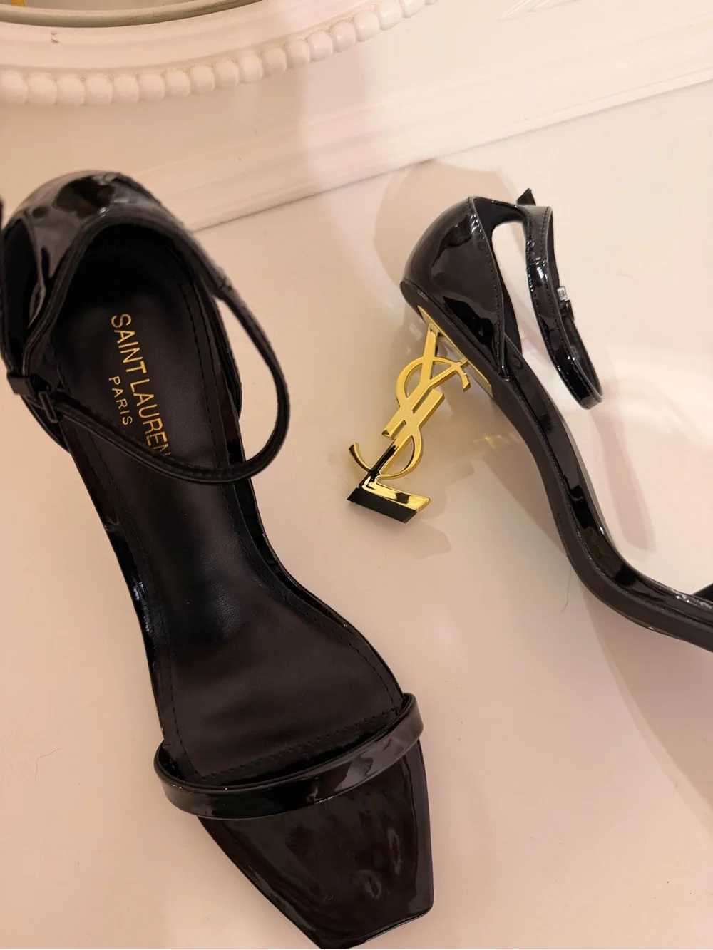 Saint Laurent Black Patent Leather Heels with Gold YSL Sculpted Heel - Picture 1 of 4